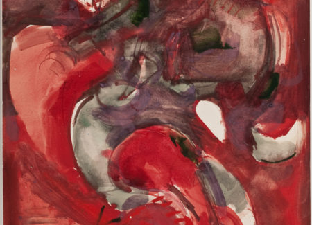 abstract painting with red mottled red back ground and swirled black and gray shapes