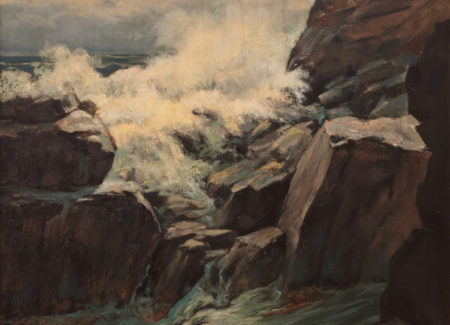 painting of waves crashing on rocks