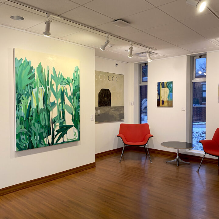 View of gallery wall showing paintings from Persephone in the Late Anthropocene exhibit