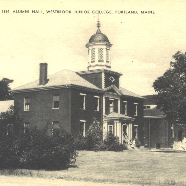 Historical postcard of Alumni Hall Westbrook College Campus 1834