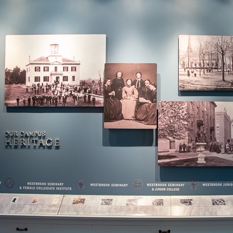 detail of exhibit showing sepia photographs of campus