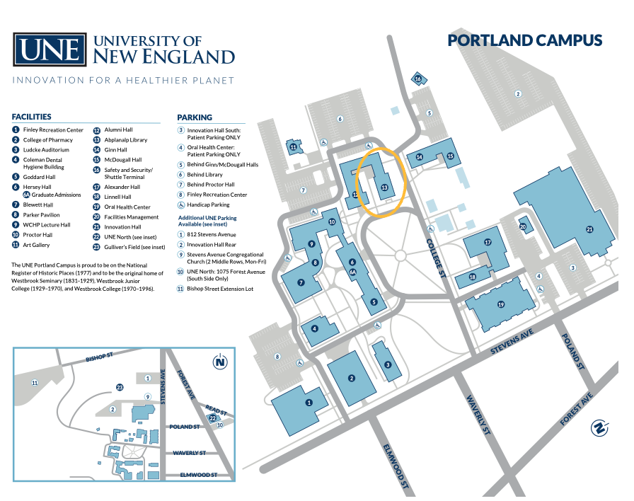 map of the U N E Portland Campus