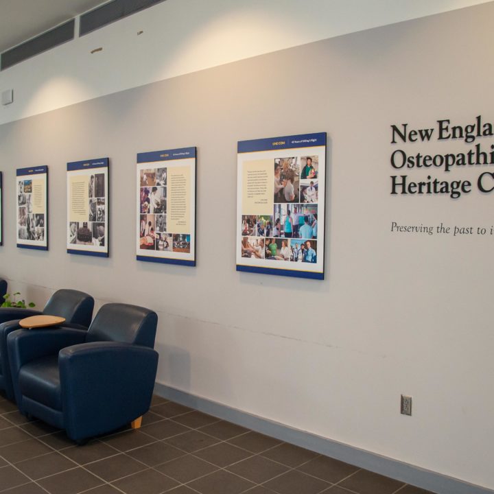 Exhibit wall in Harold Alfond Center for Health Sciences.